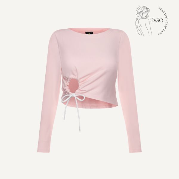 Áo croptop hồng pastel khoét eo phối dây rút