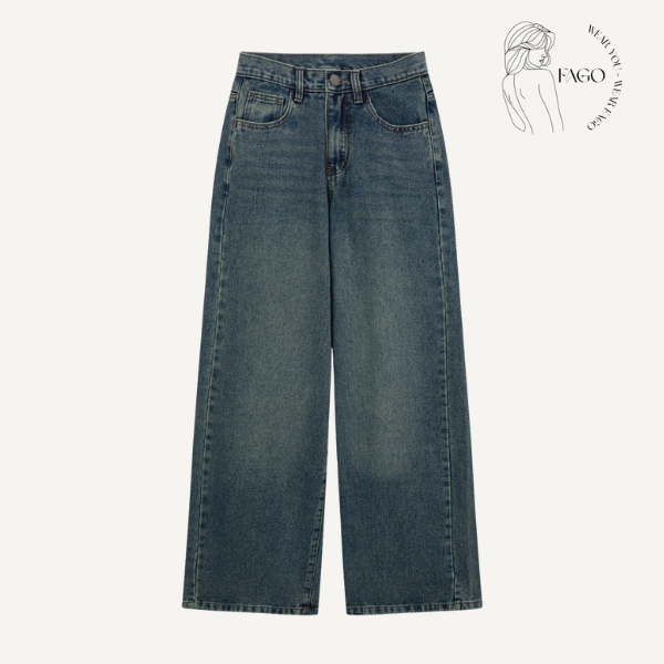 Quần jeans ống rộng xanh wash cá tính -S