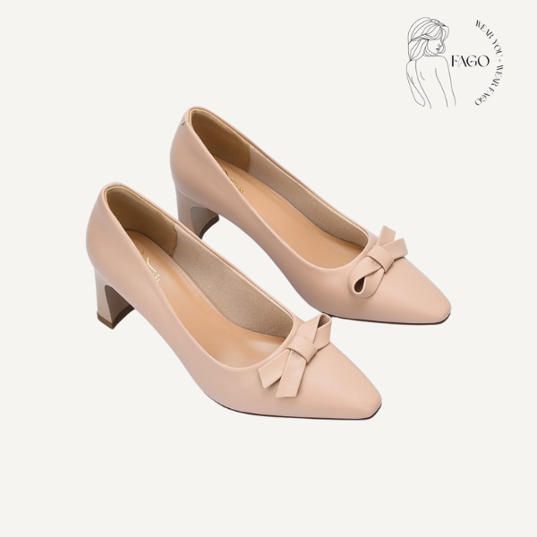 Giày cao gót nude mũi nhọn nơ xinh xắn-38