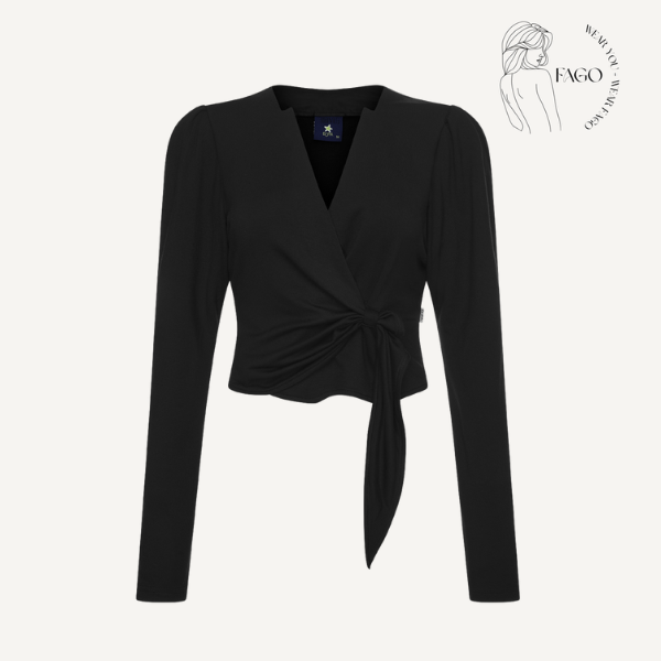 Áo Đen Cổ V Buộc Eo Tay Dài-S